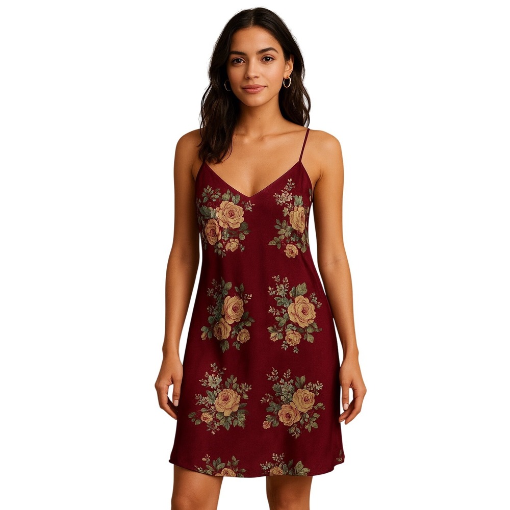 Kathryn Floral Satin Burgundy Mini Slip Dress vintage Lingerie Approx Sz s